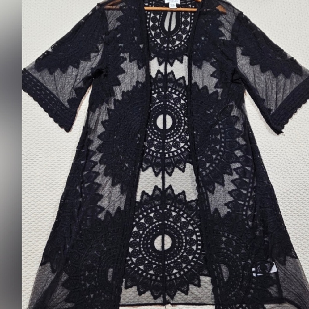 Rachel Zoe NY Black Lace Boho Mandala Boho Kimono Layering Duster Top One-Size